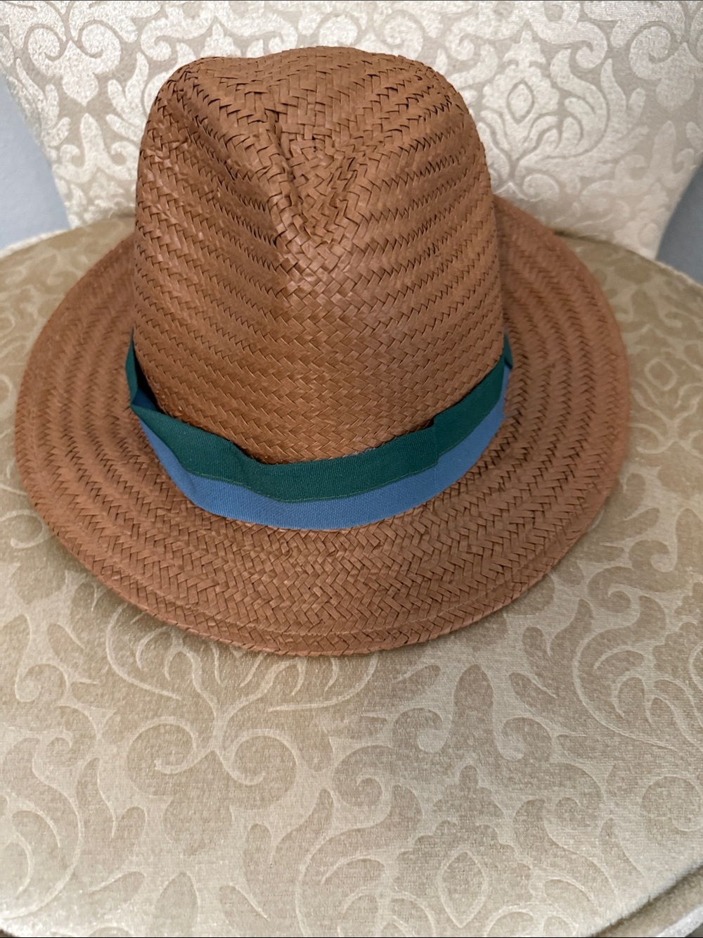 Brown Straw Fedora with Green and Blue Band - Men's Accessory